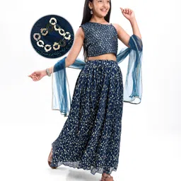 Pine Kids Woven Singlet Sleeves Choli Lehenga Set with Dupatta & Floral Sequin Detailing - Navy Blue-image-6