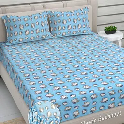 FABINALIV Sky Blue Cartoon Print Woollen King Size Fitted Double Bedsheet with 2 Pillow Covers-picture-19