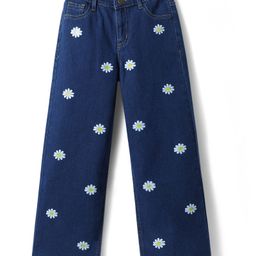 Pine Kids Denim Full Length Washed Jeans With Floral Print - Blue-picture-48
