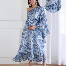 Shades of Sabi Georgette One Shoulder Full Batwing Sleeves Abstract Printed Maternity Kaftan Dress With Nursing Access - Blue-image-67