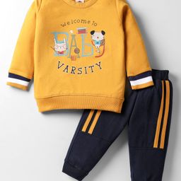 Zero Looper Knit Full Sleeves Full Sleeves T-Shirt & Lounge Pant Set with Animal Print & Tape Detailing - Mustard & Navy Blue-picture-20