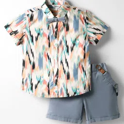 ToffyHouse Cotton Woven Half Sleeves Printed Shirt & Bottom Set With Suspender & Bow - Multicolour image 1
