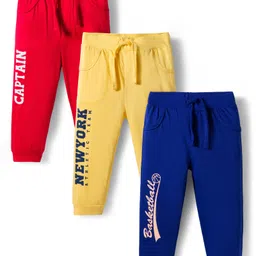 Doodle Poodle 100% Cotton Knit Full Length Lounge Pant With Text Print Pack Of 3 - Navy Blue Red & Yellow-image-21