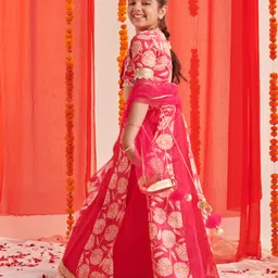 Pspeaches Silk Blend Half Sleeves Floral  Printed  Lehenga Choli With Dupatta - Magenta image 4