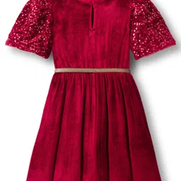Hola Bonita Velvet Knit Flared Half Sleeves Party Dress with Sequin & Belt - Maroon image 3