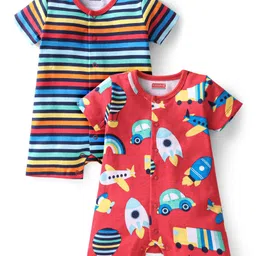 Babyhug 100% Cotton Knit Frill Sleeves Striped & Vehicle Printed Rompers Pack of 2 -  Multicolour-image-92