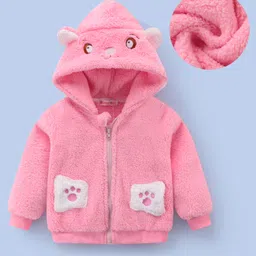 Kookie Kids Full Sleeves Hooded Fur Winter Jacket with Kitty Applique - Pink-image-47