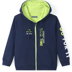 Pine Kids Knit Full Sleeves Hooded Front Open Sweat Jacket With Text Design & Kangaroo Pockets - Navy-picture-20