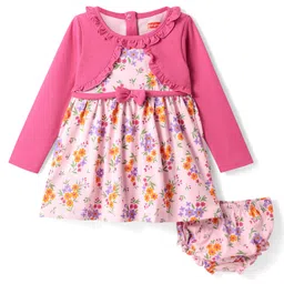 Babyhug Single Jersey Knit Full Sleeves Frock With Attached Shrug Floral Print & Bloomer - Pink-picture-32