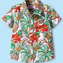 Babyhug Cotton Knit Half Sleeves Shirt with Floral Print - Green & White-picture-22