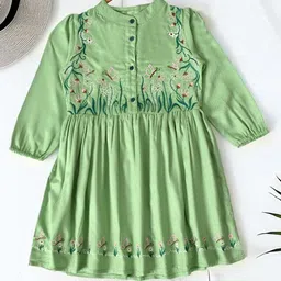 Bella Moda Cotton Full Puffed Sleeves Floral Embroidered Dress - Light Green-picture-23