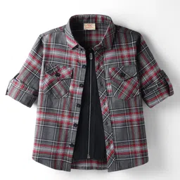 Rikidoos Cotton Woven Full Sleeves Checked Shirt With Attached Tee - Grey & Black-picture-12