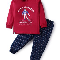CUCUMBER Sinker Knit Full Sleeves Night Suit With Skiing Print - Red-picture-30