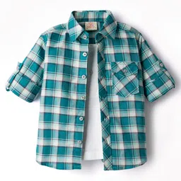Rikidoos Full Sleeves Checked Shirt With Attached Tee - Sea Green & White-picture-16