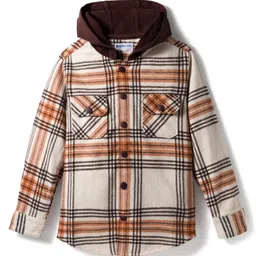 kookie kids india Kookie Kids Woven Full Sleeves Hooded Checked Shacket - Beige & Tan-picture-21