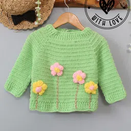 Woonie Hand Knit Full Sleeves Floral Designed Crochet Sweater - Green-picture-30