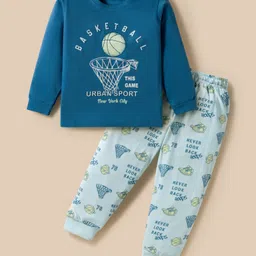 CUCUMBER Sinker Woven Full Sleeves Night Suit With Text Print - Blue-picture-28