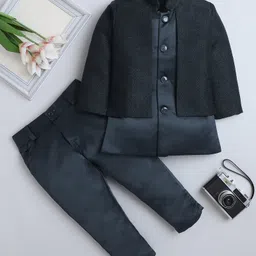 Fourfolds Jacquard Woven Full Sleeves Solid Sherwani With Abstract Embroidered Attached Jacket & Trousers Set - Navy Blue-picture-38