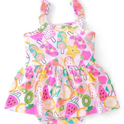 Babyhug 100% Cotton Sleeveless Frock Style Onesies With Beach Theme Print - White image 2
