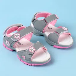 Cute Walk by Babyhug Velcro Closure Sandals with Floral Applique - Grey image 2