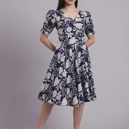 DHAKRE FASHION Women Floral Printed V-Neck Pure Cotton Puff Sleeve Fit & Flare Dress-image-58