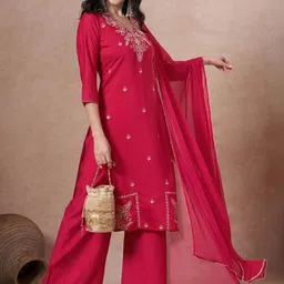 KALINI Floral Embroidered Thread Work Straight Kurta With Palazzos & Dupatta-picture-24