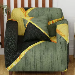 Aura Green & Yellow Printed Polyester 1 Piece Sofa Cover With Arms image 1