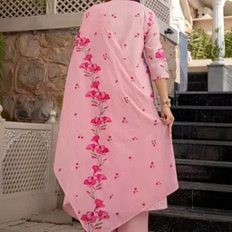 KALINI Women Floral Printed Regular Thread Work Chanderi Silk Kurta with Trousers & With Dupatta image 3