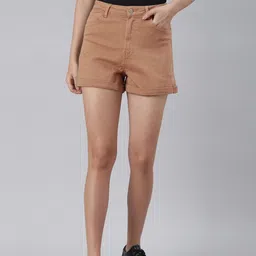 London Rag Women Camel Brown Solid High-Rise Shorts-picture-40