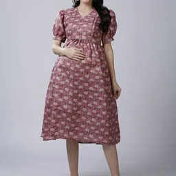Mom For Sure by Ketki Dalal Floral Printed Puff Sleeve Maternity Fit & Flare Dress-picture-25