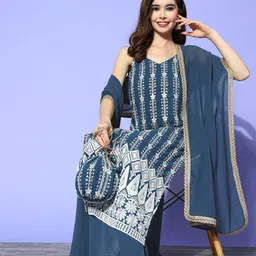 Libas Women Floral Embroidered Thread Work Kurta Set With Dupatta & Potli image 3