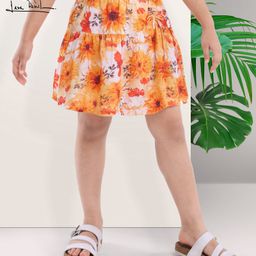 arias by lara dutta Arias Woven Printed Knee Length Tiered Skirt With Lining And Ruching Tie Up Detail- Orange-picture-18