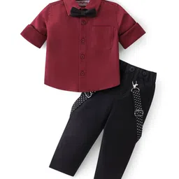 Babyhug Woven Full Sleeves Party Wear Shirt & Trousers Set with  Bow & Suspender - Maroon & Black-picture-21
