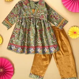 Bella Moda Full Sleeves Lace Embellished & Floral Printed Coordinating Kurta With Salwar - Light Green-image-33