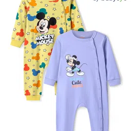 Babyoye Disney Interlock Knit Full Sleeves Rompers with Mickey Mouse Graphics Pack of 2 - Yellow & Lilac-image-9