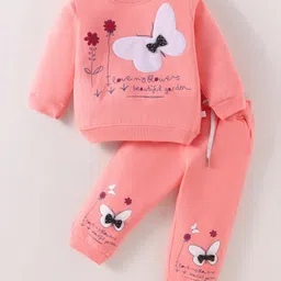 Mark & Mia Terry Knit Full Sleeves Butterfly Printed Winter Wear T-Shirt & Lounge Pant Set with Bow Applique - Pink-picture-16