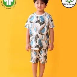 Anthrilo 100% Organic Cotton Knit Half Sleeves Abstract Printed Tee & Coordinating Shorts Set - Blue-picture-19