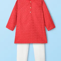 Babyhug Georgette Woven Full Sleeves Embroidered Kurta Pyjama Set With Sequin Detailing - Red & White-picture-23