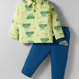 WOW Clothes Knit Full Sleeves Polo T-Shirt & Trouser Set with Car Print & Patch Detailing - Lime Green & Blue-picture-23