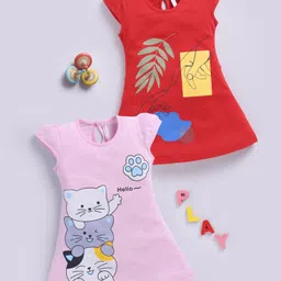 TOONYPORT Cotton Knit Pack Of 2 Cap Sleeves Cats & Leaf Printed Dress - Pink & Red-image-39