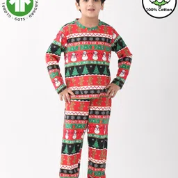 Anthrilo 100% Cotton Knit Christmas Theme Full Sleeves Snowman Printed Coordinating Night Suit Set - Red-picture-26