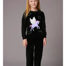 Cherry Crumble By Nitt Hyman Knit Full Sleeves Unicorn Patch Detailed Winter Night Suit Set - Black-picture-15