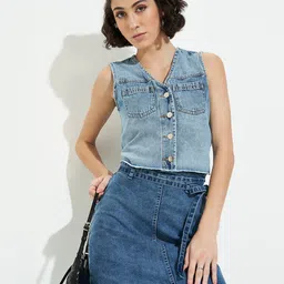 SF JEANS by Pantaloons Women Cotton Sleeveless Denim Shirt Style Top-image-57