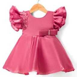 Bluebell Tissue Woven Frill Sleeves Party Frock With Floral Corsage & Booties - Dark Pink image 2