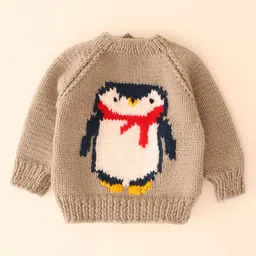 Woonie Full Sleeves Handknitted Penguin Design Pullover - Grey image 4
