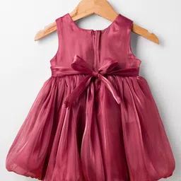 Bluebell Tissue Woven Sleeveless Party Frock With Floral Applique & Booties - Dark Pink image 3