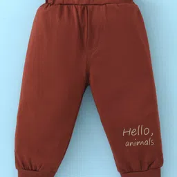 Mini Taurus Cotton Knit Full Sleeves T-Shirt & Lounge Pants Set With Cute Animals Print - Rust & Grey image 4