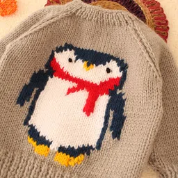 Woonie Full Sleeves Handknitted Penguin Design Pullover - Grey image 5