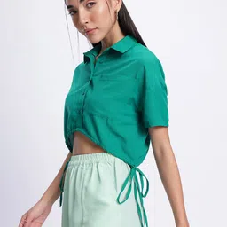 glitchez Tie-Up Twist Drop-Shoulder Crop Shirt Style Top image 4