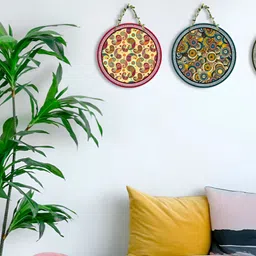 SEHAZ ARTWORKS Circle Set 3-Pcs Yellow & Pink Printed Wooden Wall Hangings image 4